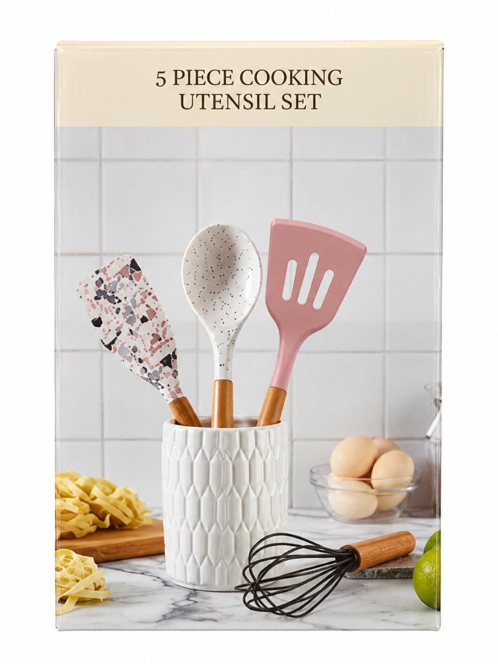 CWC Cook With Color 5 Piece Silicone Cooking Utensil Set Wood Handles Holder